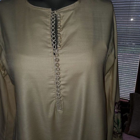 Boho VTG Metallic Embroidered Slub Silk Kaftan Maxi Dress Beige Gold Multi Sz S - Picture 4 of 9